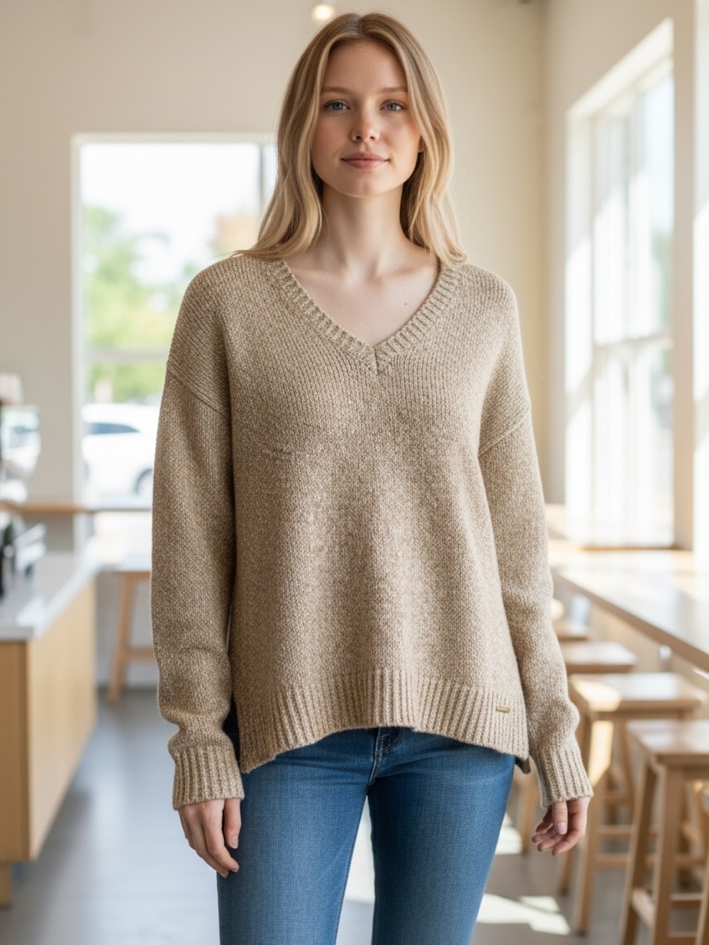 Michael Kors Neutral Tan V-Neck Knit Sweater